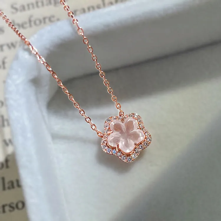 1Pc Sweet Zircon Peach Blossom Flower Elegant Style Copper Golden Pendant Necklace Womens Daily Party Birthday Gift