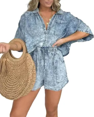 2024 New Washed Denim Tencel Set, Fashionable and Comfortable Casual Tops and Shorts Two-Piece Set