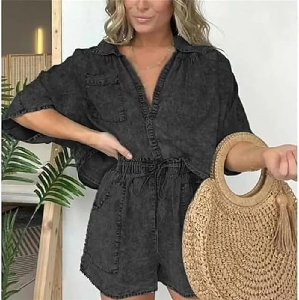 2024 New Washed Denim Tencel Set, Fashionable and Comfortable Casual Tops and Shorts Two-Piece Set