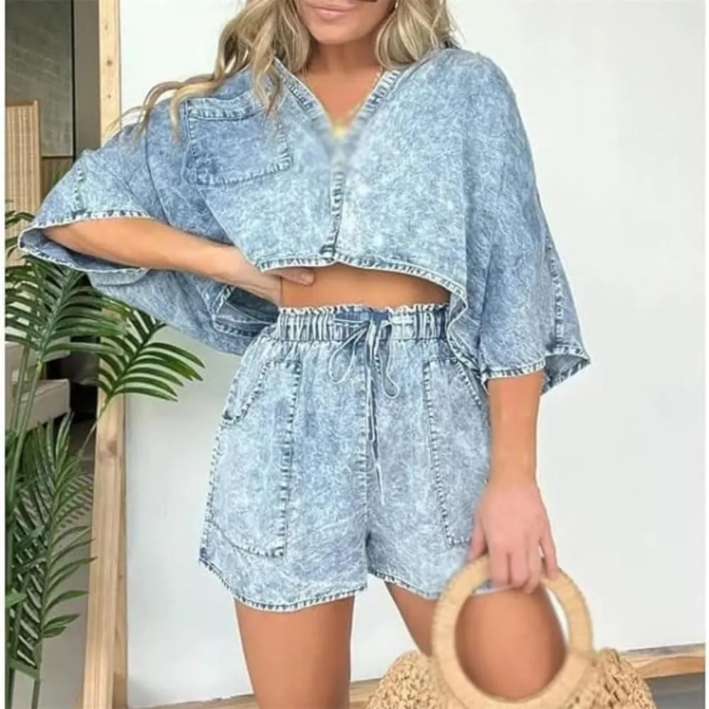 2024 New Washed Denim Tencel Set, Fashionable and Comfortable Casual Tops and Shorts Two-Piece Set