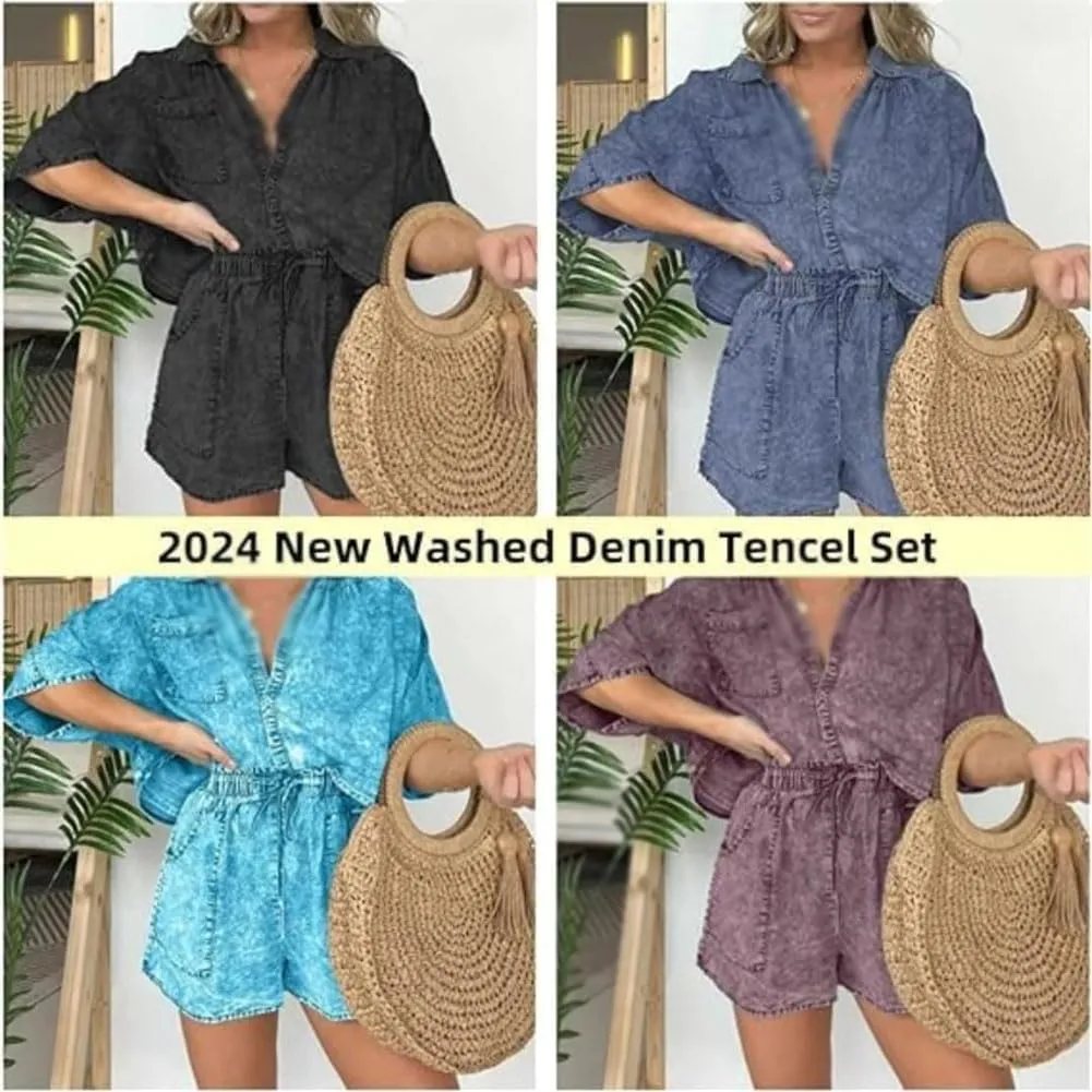 2024 New Washed Denim Tencel Set, Fashionable and Comfortable Casual Tops and Shorts Two-Piece Set