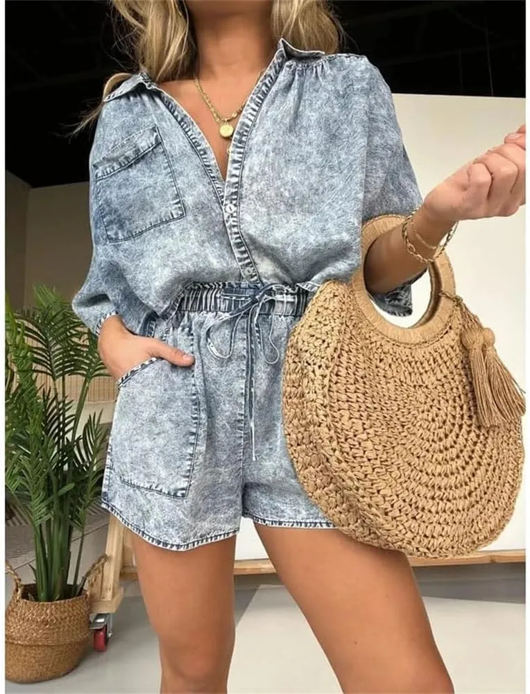 2024 New Washed Denim Tencel Set, Women's Casual Comfortable Top Up Shorts Set, Women's Casual V Neck Loose Short