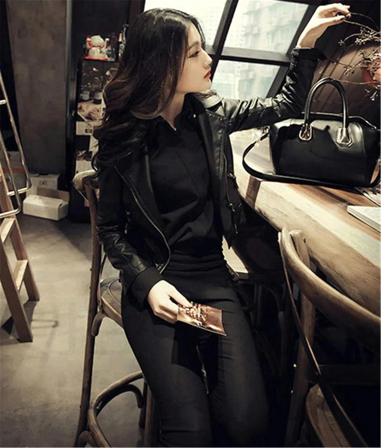 Andongnywell Women's Long Sleeve Zipper Biker Faux Leather Jacket Leather Shoulder Motorcycle Jacket