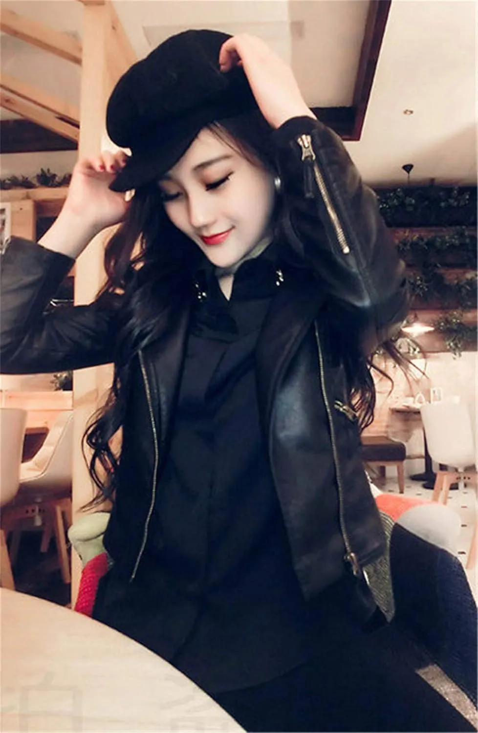 Andongnywell Women's Long Sleeve Zipper Biker Faux Leather Jacket Leather Shoulder Motorcycle Jacket