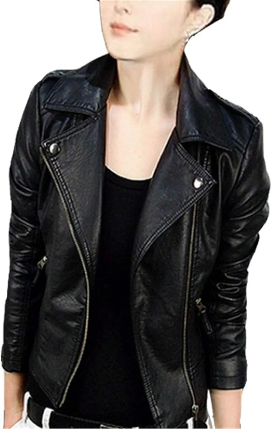 Andongnywell Women's Long Sleeve Zipper Biker Faux Leather Jacket Leather Shoulder Motorcycle Jacket
