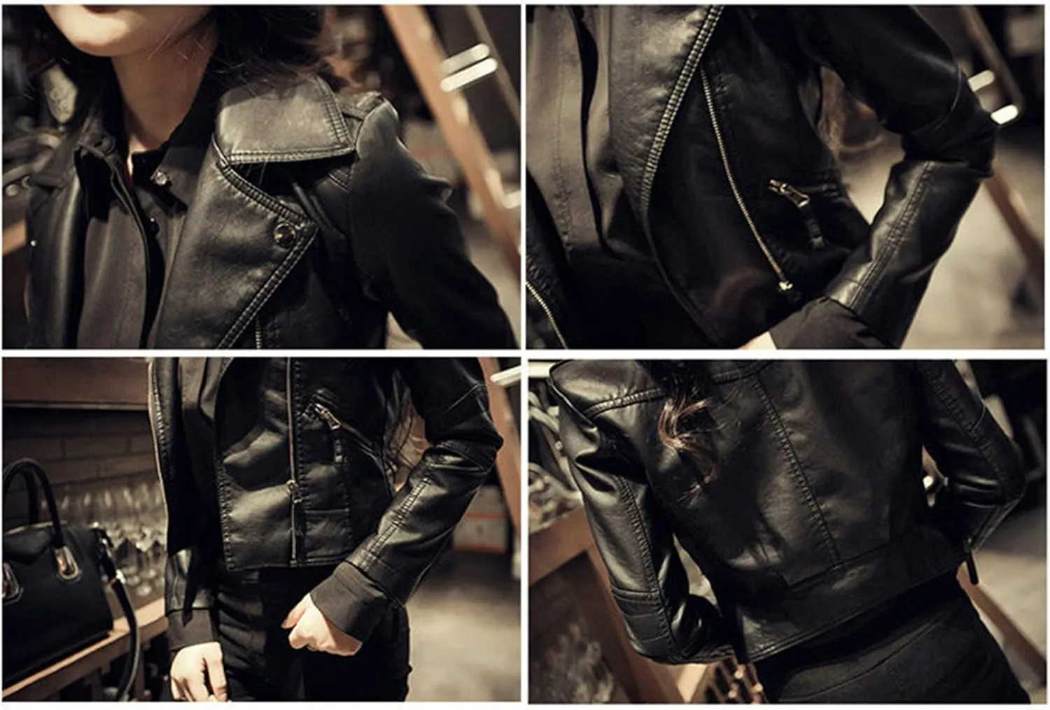 Andongnywell Women's Long Sleeve Zipper Biker Faux Leather Jacket Leather Shoulder Motorcycle Jacket
