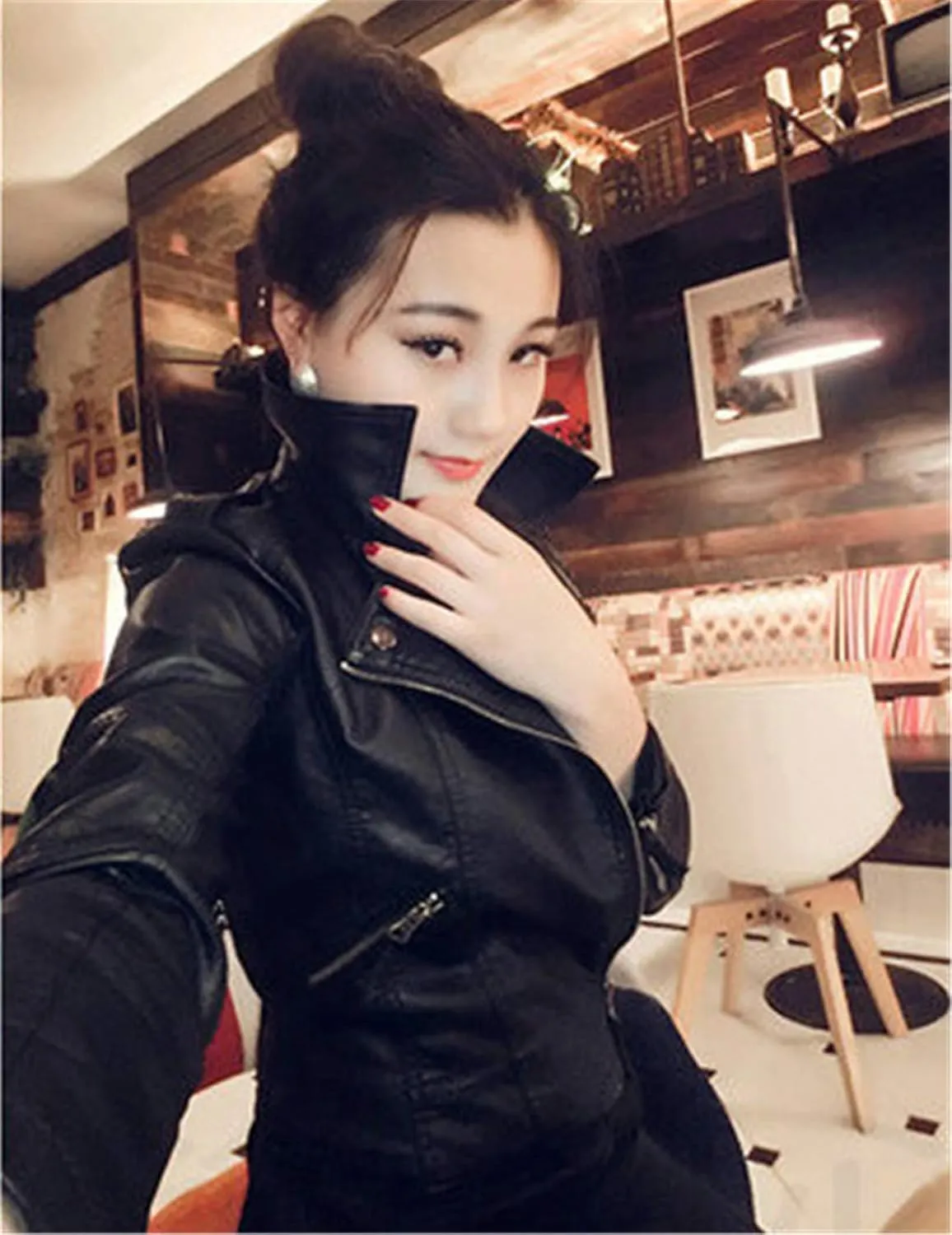 Andongnywell Women's Long Sleeve Zipper Biker Faux Leather Jacket Leather Shoulder Motorcycle Jacket