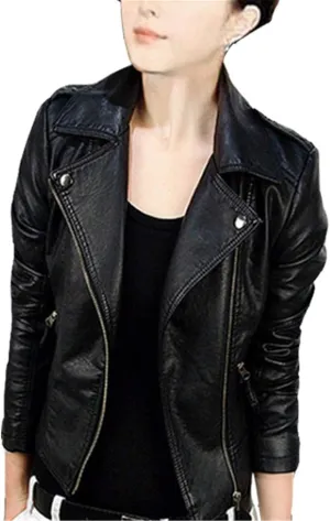 Andongnywell Women's Long Sleeve Zipper Biker Faux Leather Jacket Leather Shoulder Motorcycle Jacket