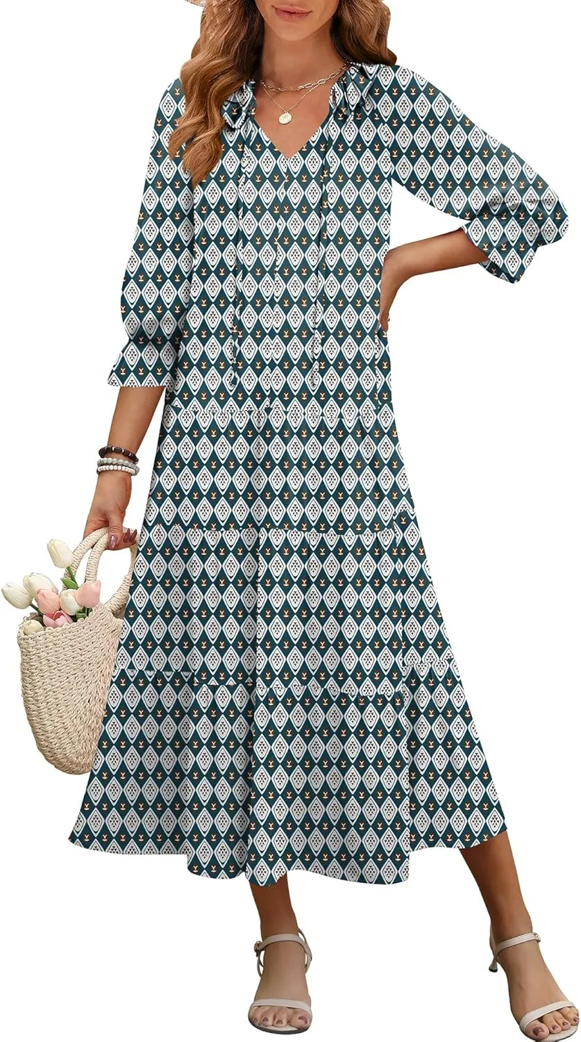 ANRABESS Women's Boho Maxi Dresses 2025 Summer Casual V Neck Puff Sleeve Floral Tiered Flowy Swing Beach Vacation Long Dress