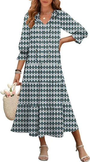 ANRABESS Women's Boho Maxi Dresses 2025 Summer Casual V Neck Puff Sleeve Floral Tiered Flowy Swing Beach Vacation Long Dress