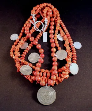 Bamboo Coral and Apple Coral 4-Strand Necklace with Vintage Mexican Silver Coins, Pen Shell Heishi, and a Sterling Silver Toggle Clasp