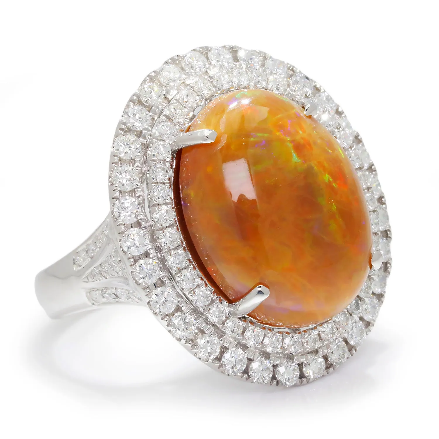 BIG Opal Double-Halo Ring with Diamonds 18K White Gold 10.10ctw