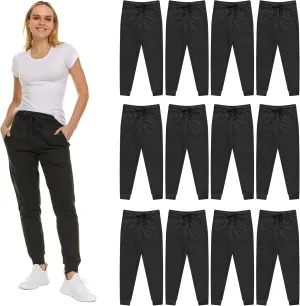 BILLIONHATS 12 Pack Women Jogger Sweatpants, Bulk Comfy Fleece-Lined with Ribbed Cuffs for Charities & Shelter Home Donations