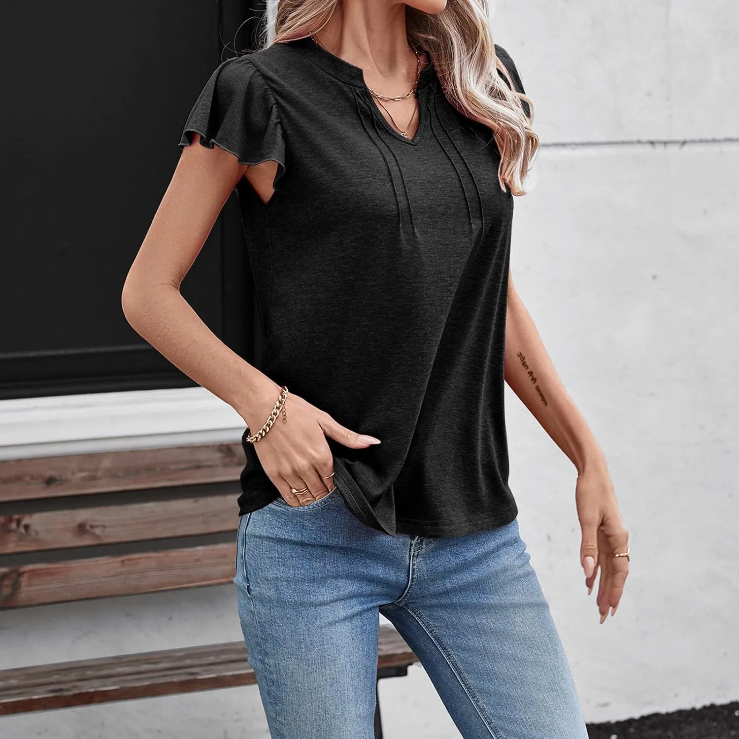 Casual Ruffle Sleeve Tops V Neck Work Blouses for Women Flutter Sleeve Office Tanks Tunic Shirt