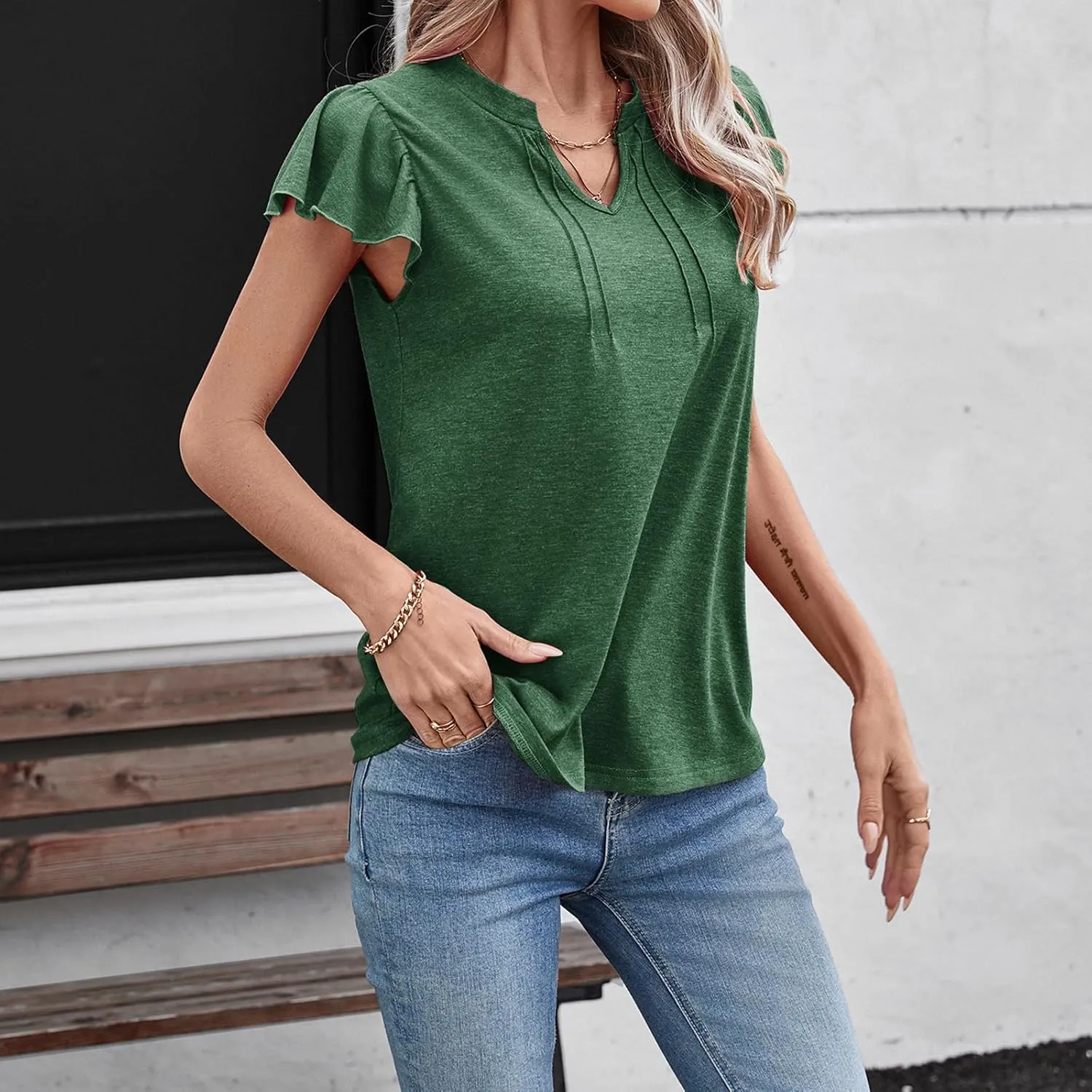 Casual Ruffle Sleeve Tops V Neck Work Blouses for Women Flutter Sleeve Office Tanks Tunic Shirt