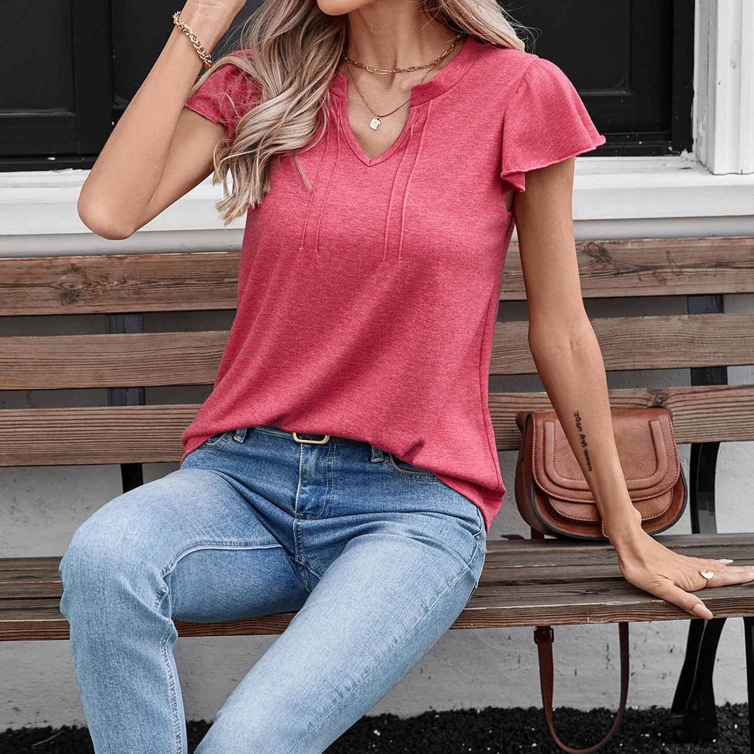 Casual Ruffle Sleeve Tops V Neck Work Blouses for Women Flutter Sleeve Office Tanks Tunic Shirt