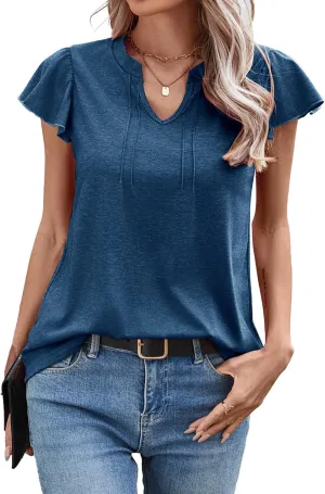 Casual Ruffle Sleeve Tops V Neck Work Blouses for Women Flutter Sleeve Office Tanks Tunic Shirt