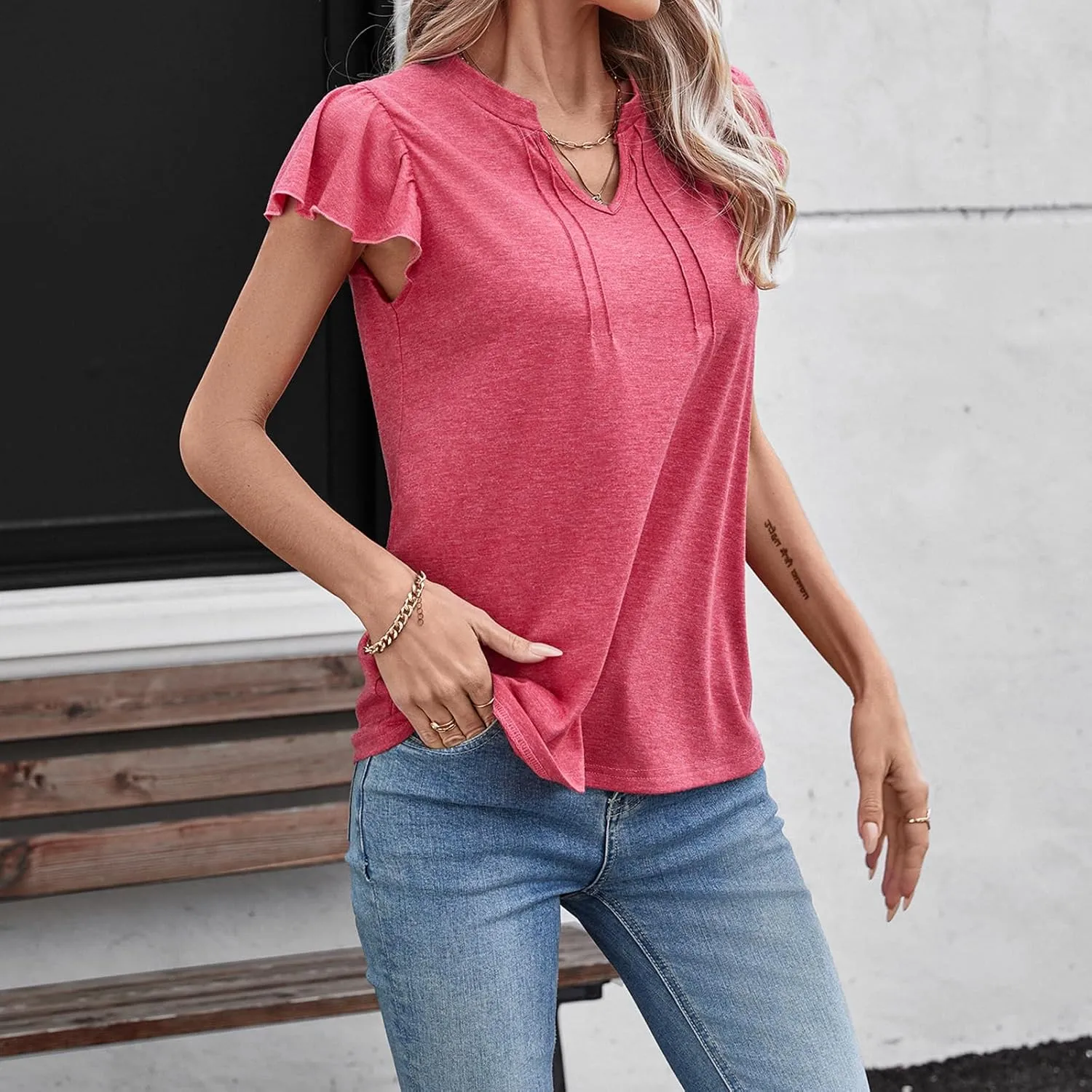 Casual Ruffle Sleeve Tops V Neck Work Blouses for Women Flutter Sleeve Office Tanks Tunic Shirt