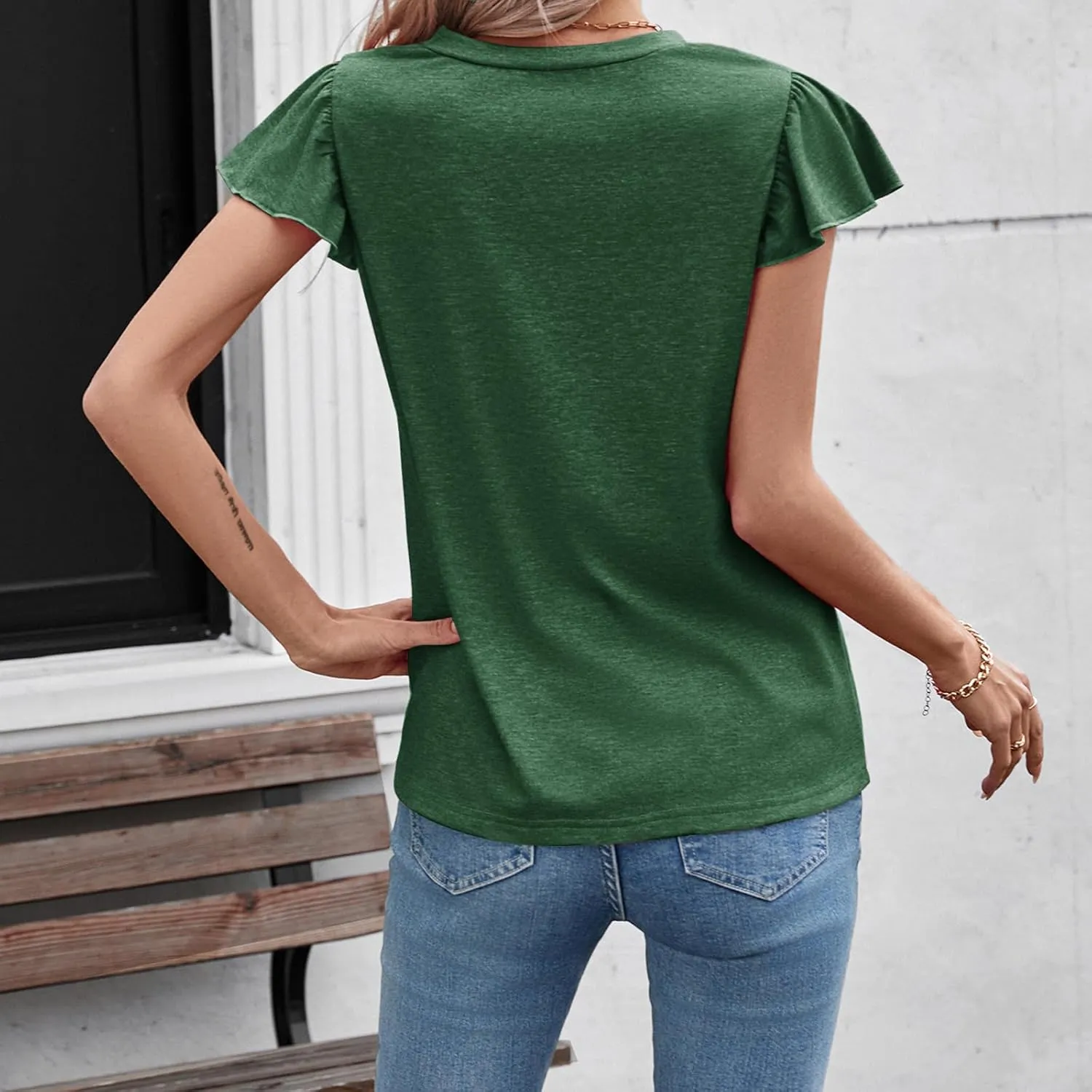 Casual Ruffle Sleeve Tops V Neck Work Blouses for Women Flutter Sleeve Office Tanks Tunic Shirt