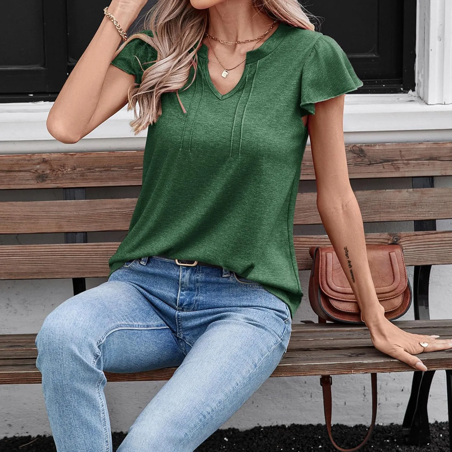Casual Ruffle Sleeve Tops V Neck Work Blouses for Women Flutter Sleeve Office Tanks Tunic Shirt