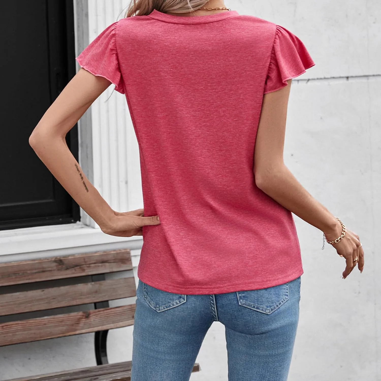 Casual Ruffle Sleeve Tops V Neck Work Blouses for Women Flutter Sleeve Office Tanks Tunic Shirt
