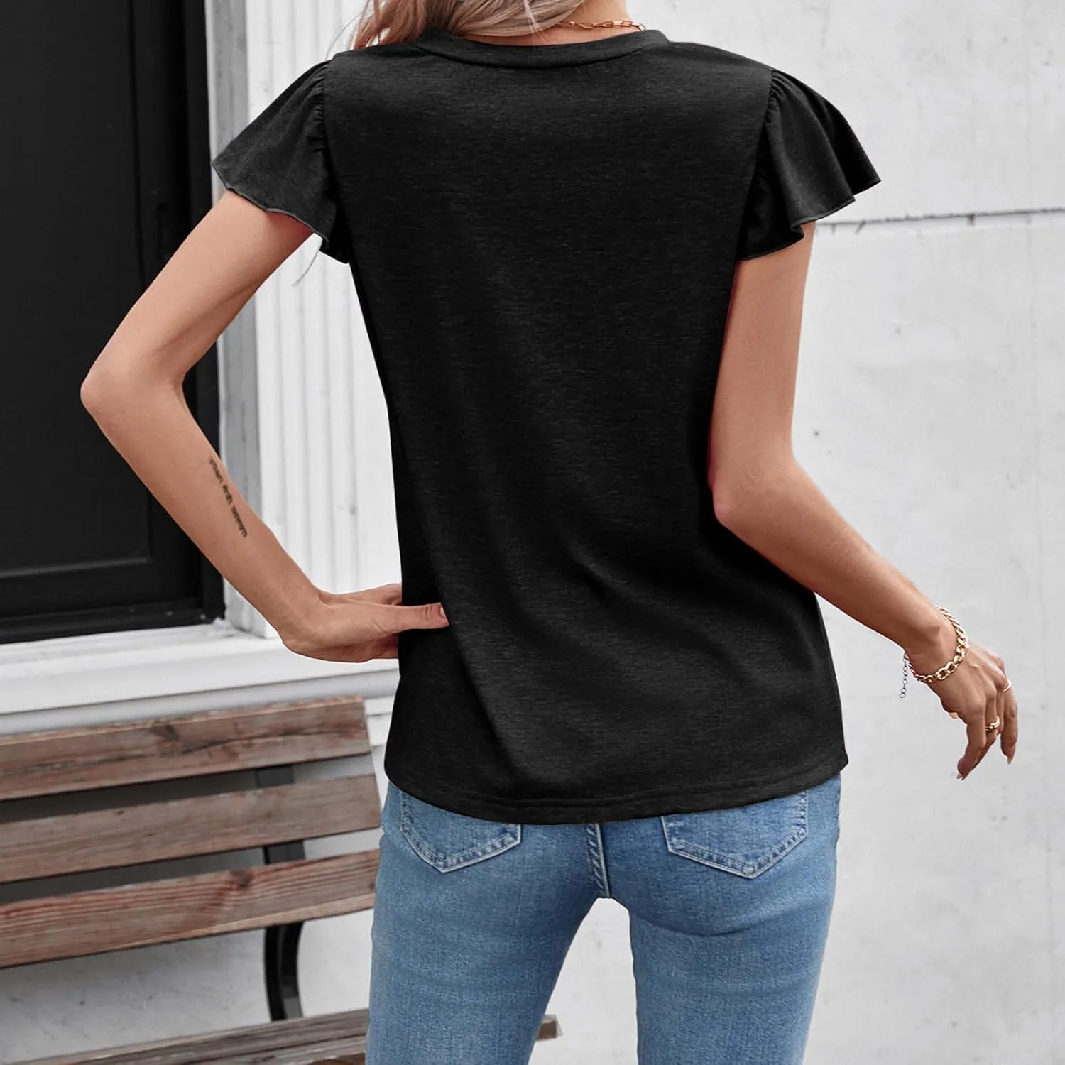 Casual Ruffle Sleeve Tops V Neck Work Blouses for Women Flutter Sleeve Office Tanks Tunic Shirt