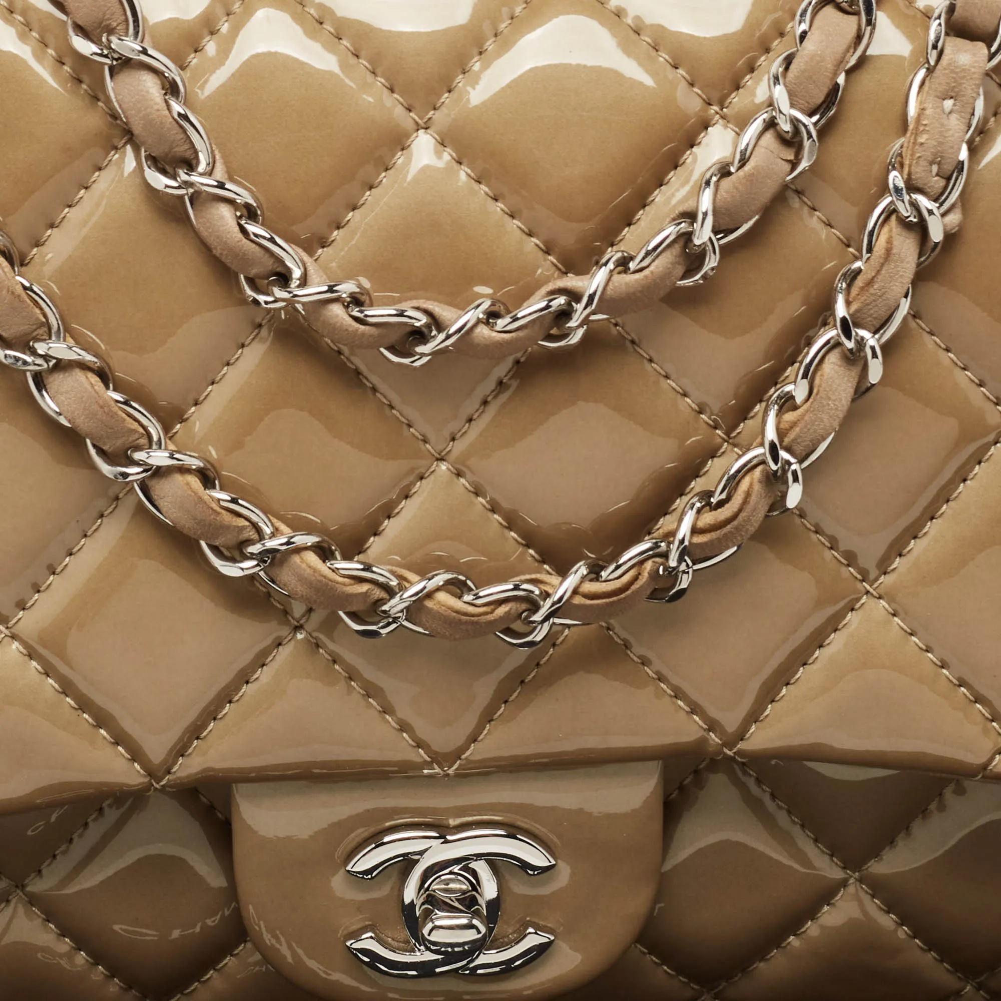 CHANEL Beige Quilted Patent Leather 3 Classic Flap Bag
