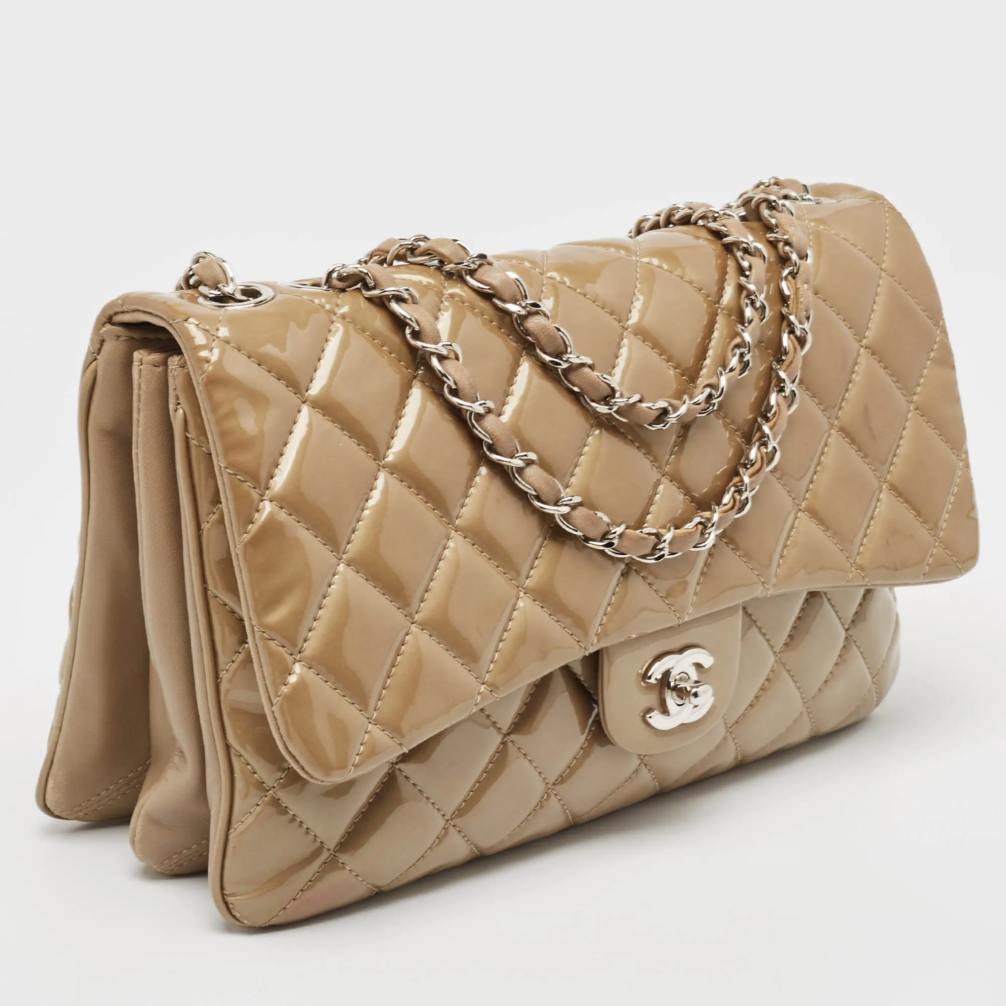 CHANEL Beige Quilted Patent Leather 3 Classic Flap Bag