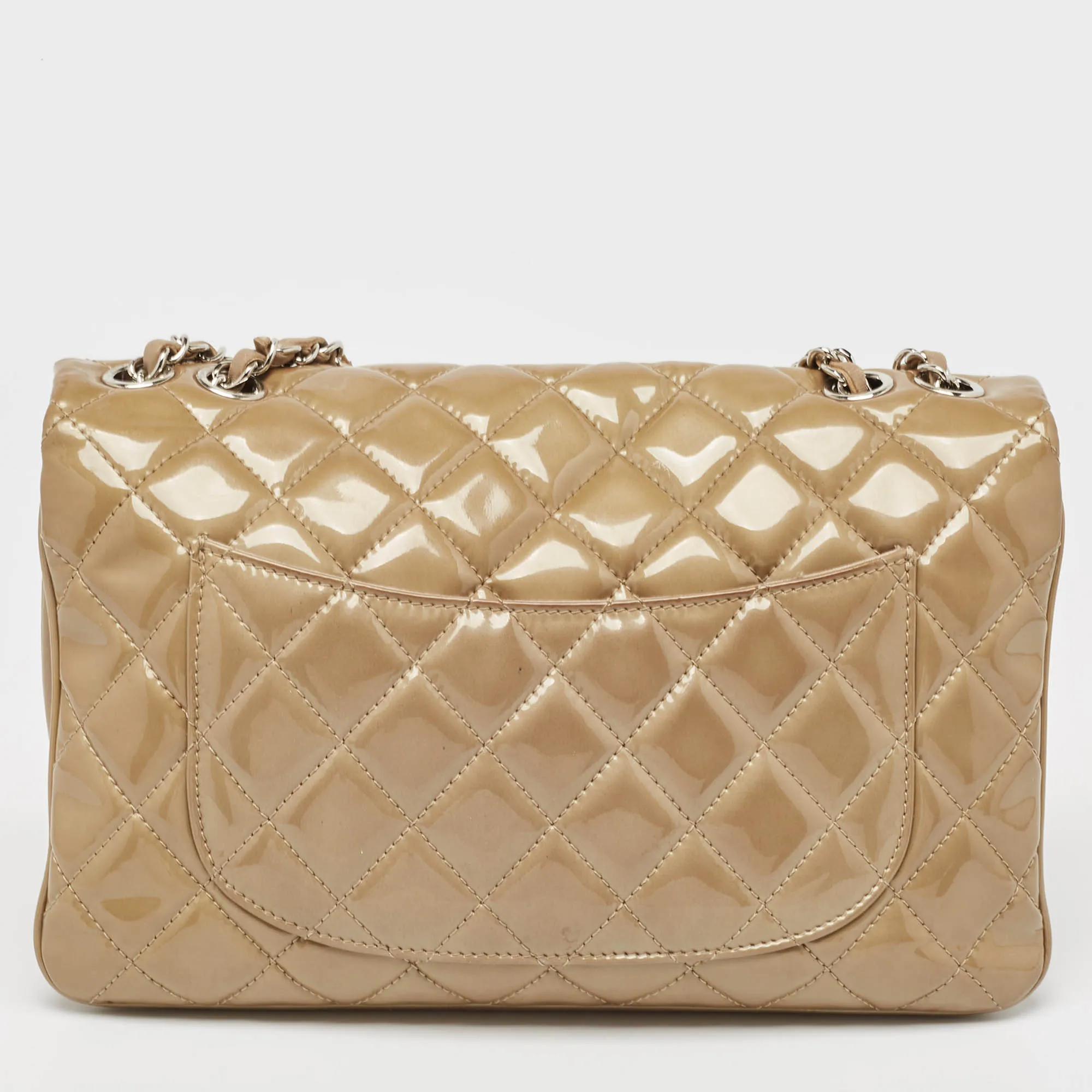 CHANEL Beige Quilted Patent Leather 3 Classic Flap Bag