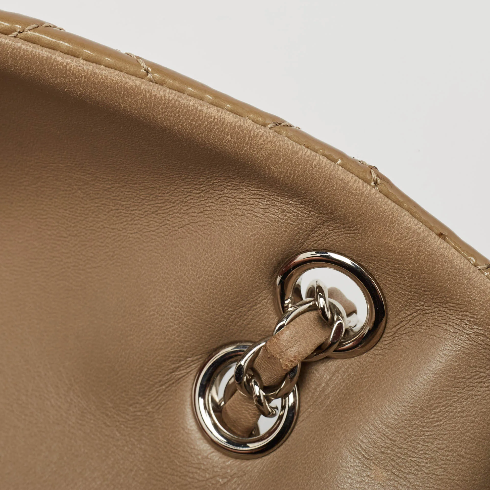 CHANEL Beige Quilted Patent Leather 3 Classic Flap Bag