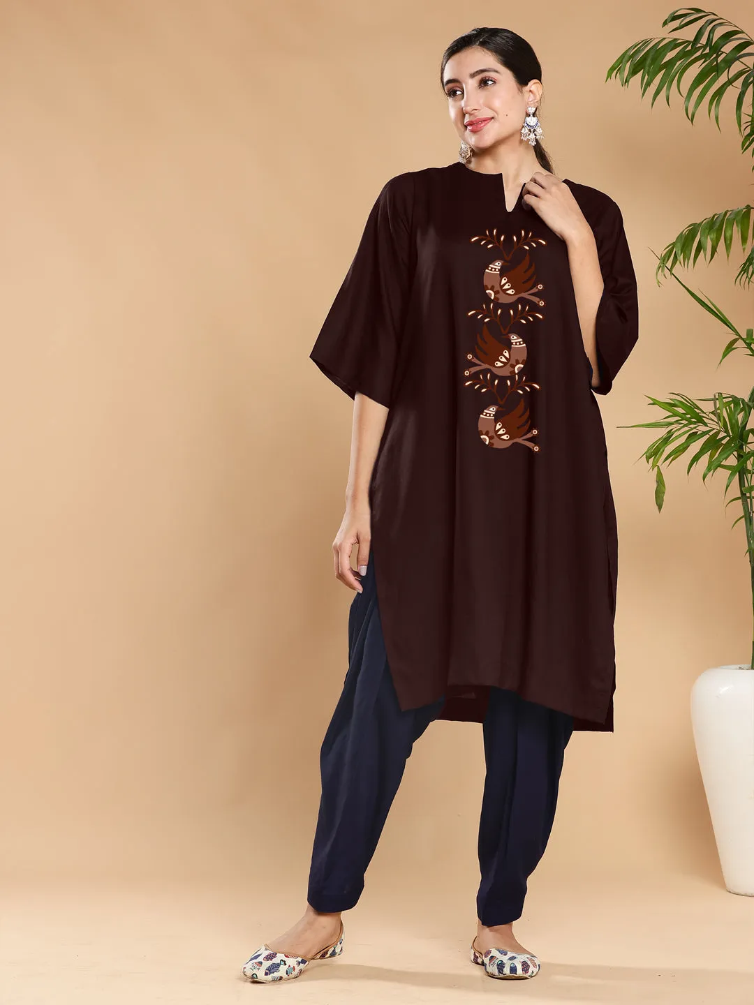 Coffee Rayon LongKurta - TrioBirds