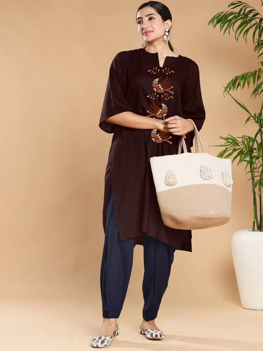 Coffee Rayon LongKurta - TrioBirds