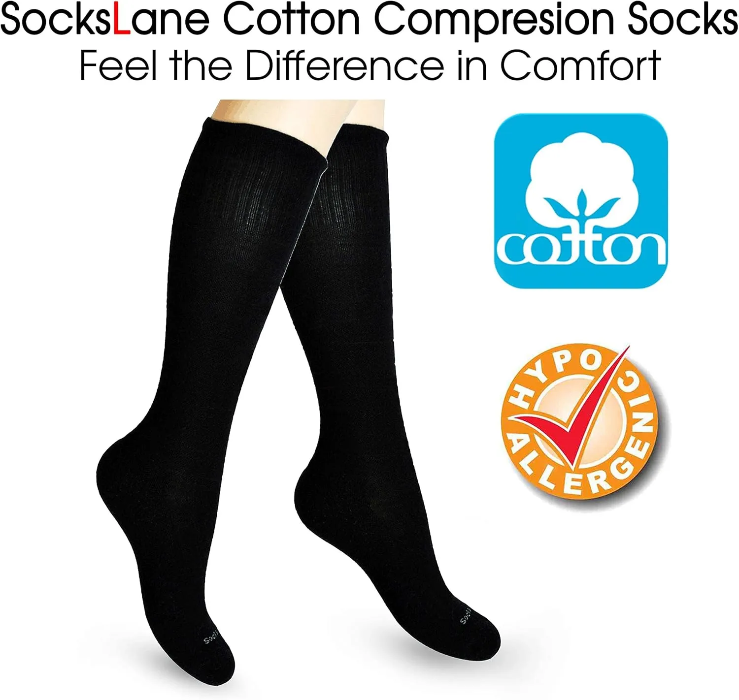 Cotton Compression Socks for Women & Men. 15-20 mmHg Support Knee-High Charcoal Gray X/L