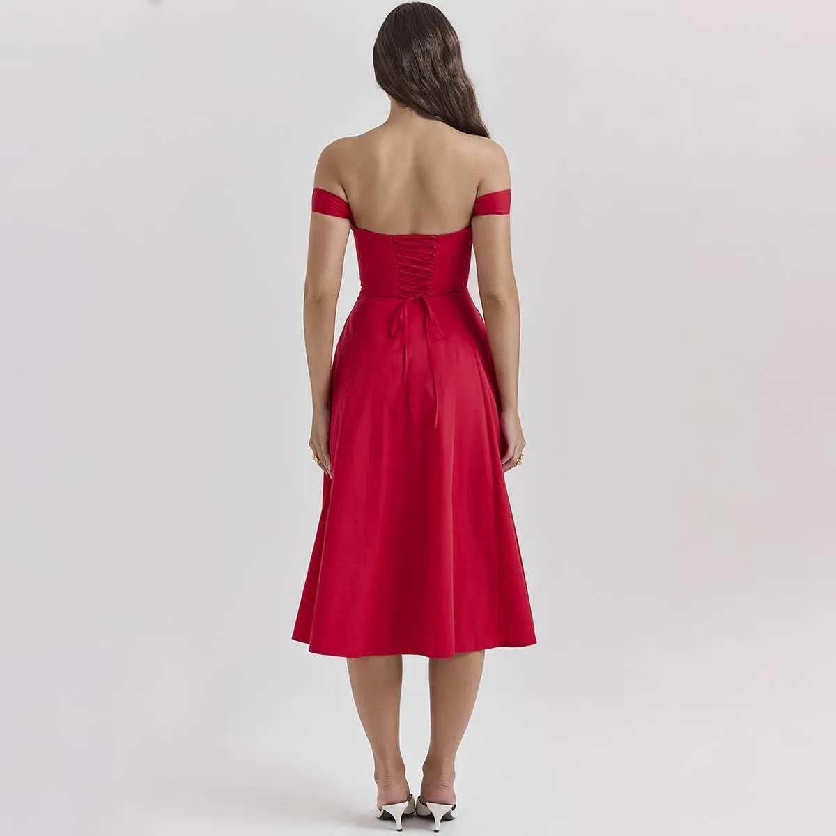 Dresses Flowy Slit Casual Sundress Women's Off The Shoulder Floral Midi Corset Dress Elegant Lace Up Party Going Out