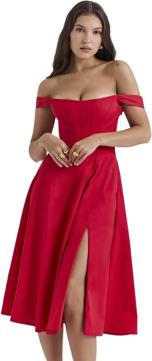 Dresses Flowy Slit Casual Sundress Women's Off The Shoulder Floral Midi Corset Dress Elegant Lace Up Party Going Out