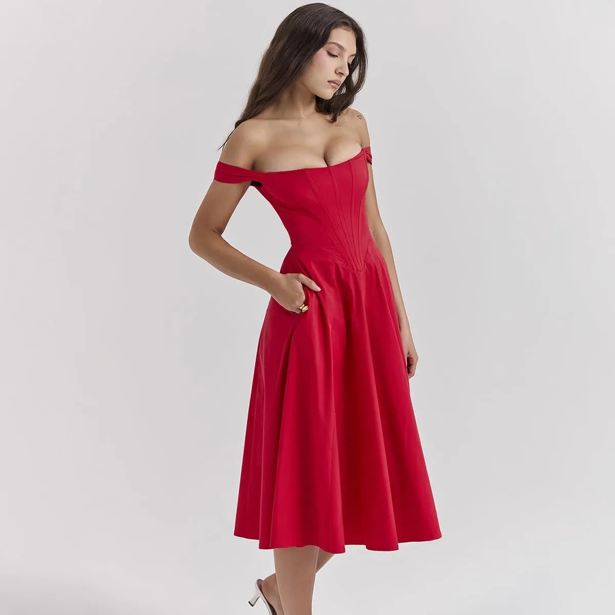 Dresses Flowy Slit Casual Sundress Women's Off The Shoulder Floral Midi Corset Dress Elegant Lace Up Party Going Out
