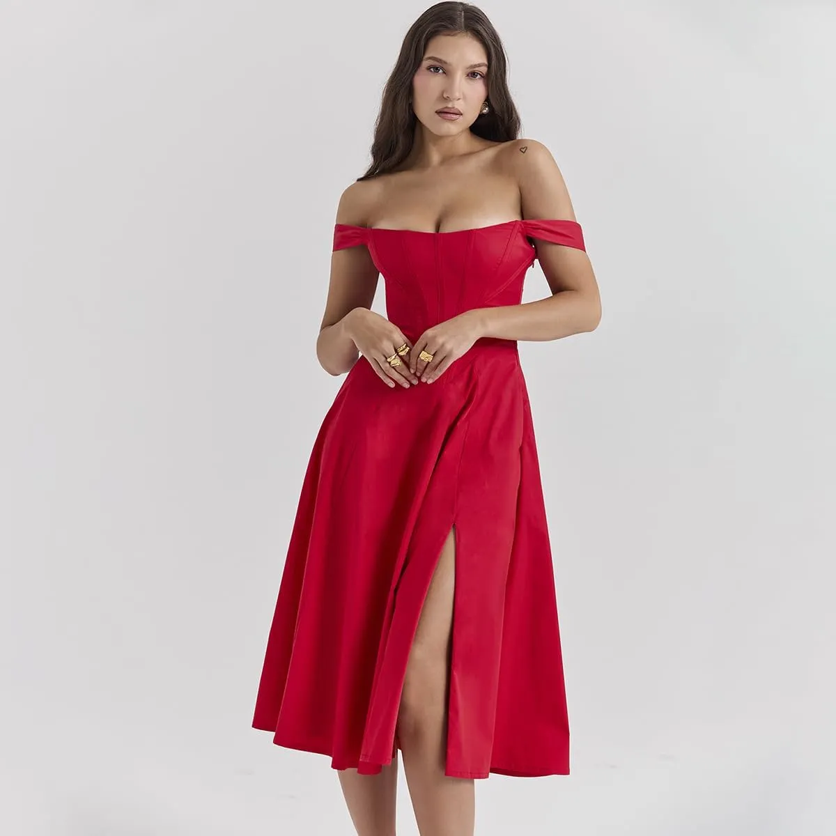 Dresses Flowy Slit Casual Sundress Women's Off The Shoulder Floral Midi Corset Dress Elegant Lace Up Party Going Out