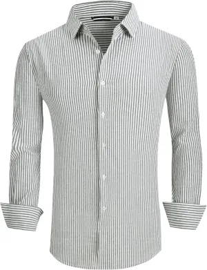Esabel.C Seersucker Mens Dress Shirts Striped Cotton Casual Business Button Down Shirts for Men