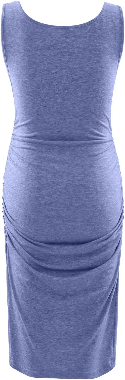 GINKANA Maternity Tank Dress Bodycon Sleeveless Casual Short Ruched Midi Fitted Dress for Pregnant Women