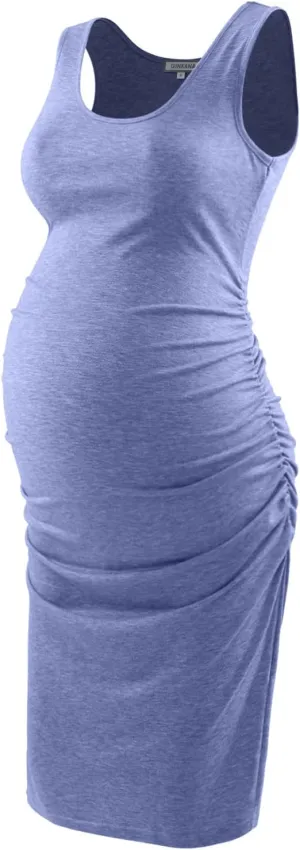 GINKANA Maternity Tank Dress Bodycon Sleeveless Casual Short Ruched Midi Fitted Dress for Pregnant Women