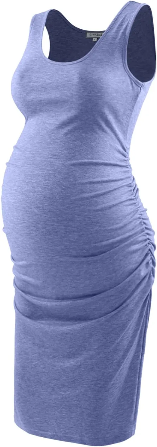 GINKANA Maternity Tank Dress Bodycon Sleeveless Casual Short Ruched Midi Fitted Dress for Pregnant Women