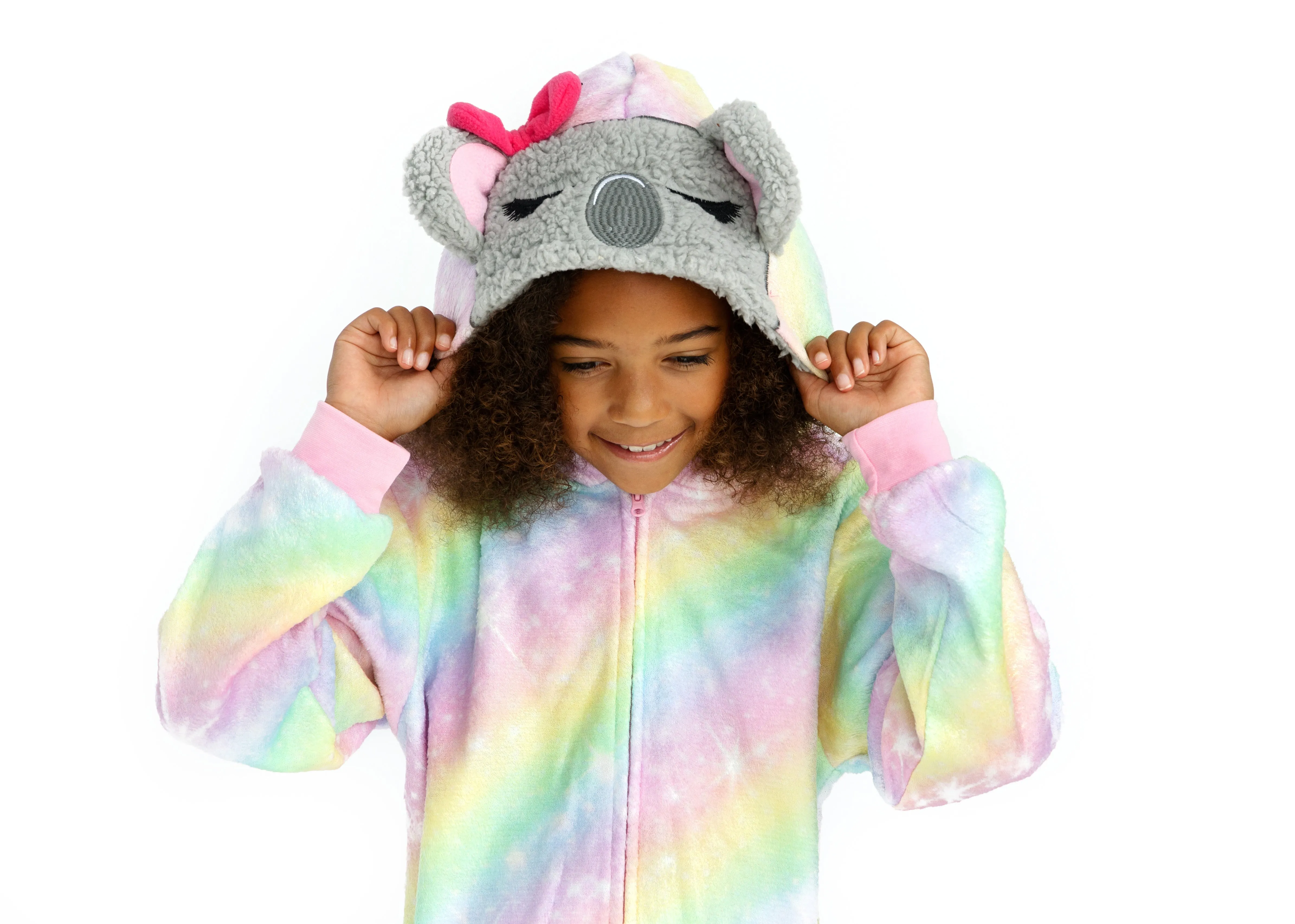 Girls Ombre Koala Bear Zip-Up Hooded Sleeper Pajama with Built Up 3D Character Hood