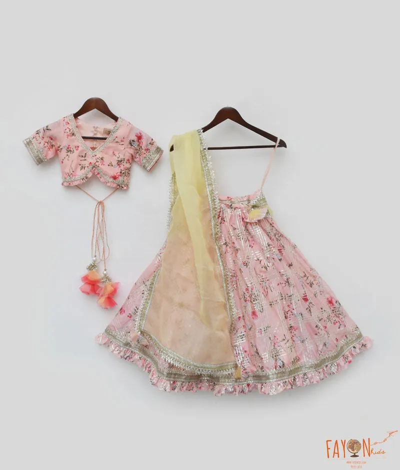 Girl's Peach Kotta Printed Lehenga Choli And Dupatta - Fayon Kids