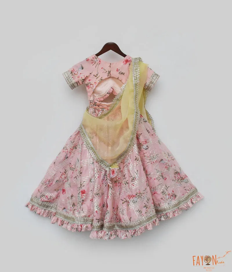 Girl's Peach Kotta Printed Lehenga Choli And Dupatta - Fayon Kids