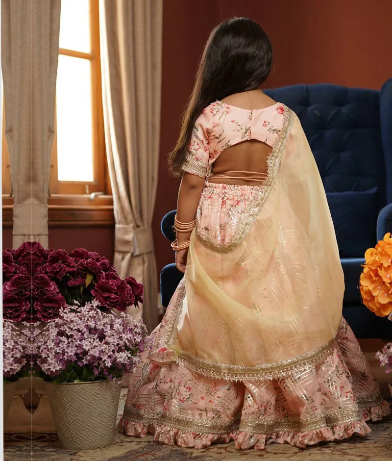 Girl's Peach Kotta Printed Lehenga Choli And Dupatta - Fayon Kids