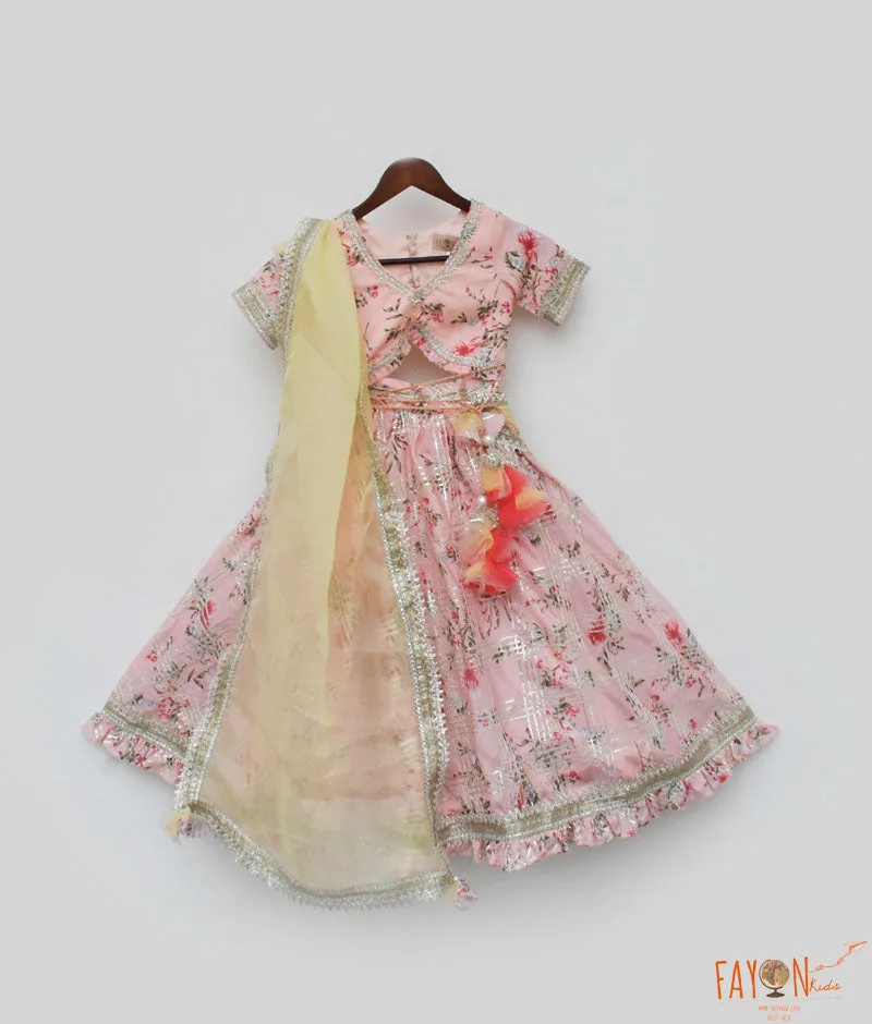 Girl's Peach Kotta Printed Lehenga Choli And Dupatta - Fayon Kids