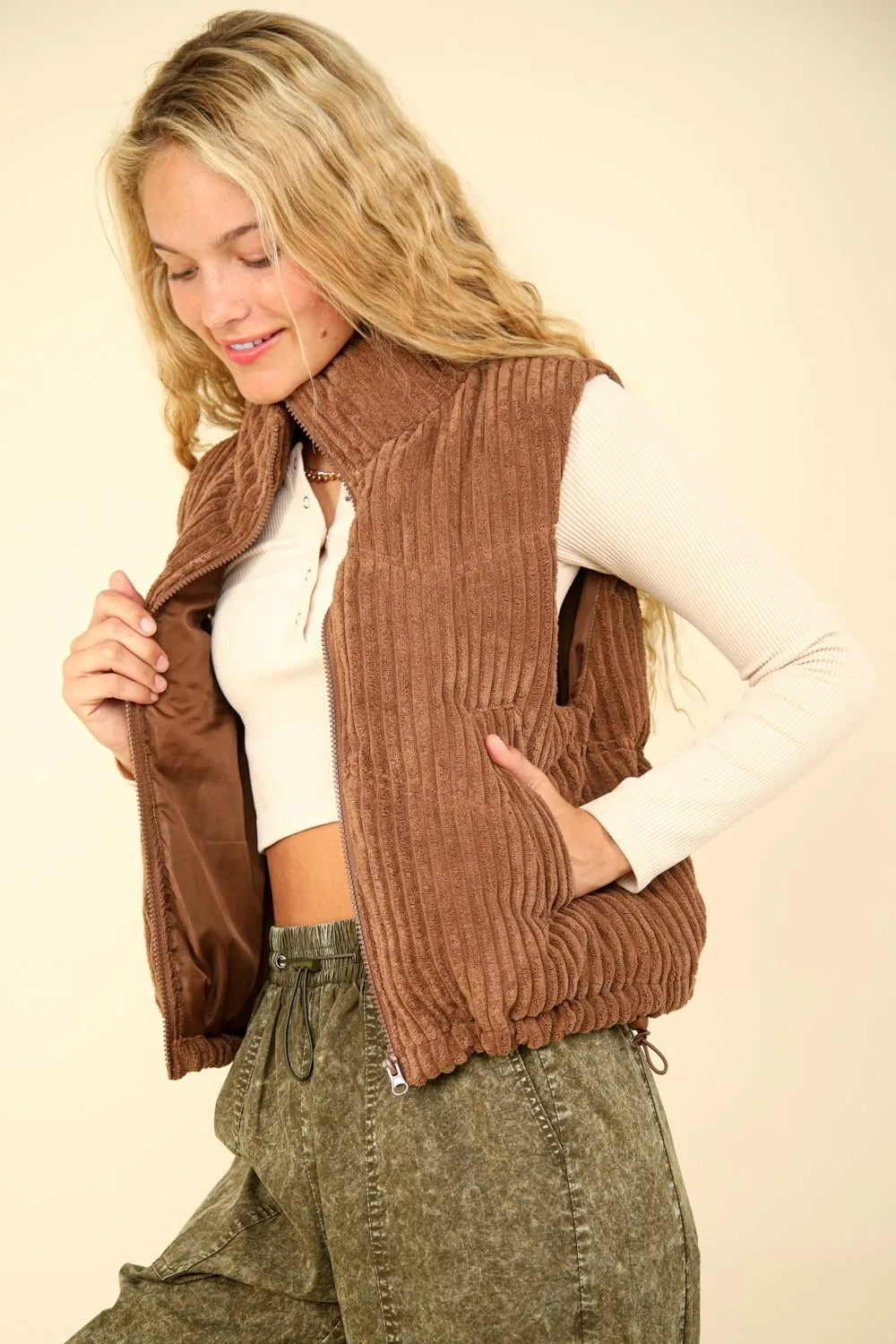 Hot Girl Comfort Cords Padded Corduroy Puffer Vest In Camel