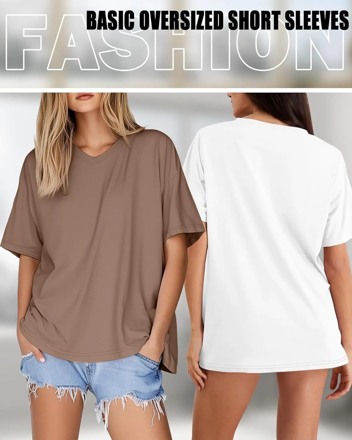 Huukeay 3 Pack Women's Oversized T Shirts Cotton V Neck Half Sleeve Workout Tops Summer Loose Fit Casual Baggy Basic Tee