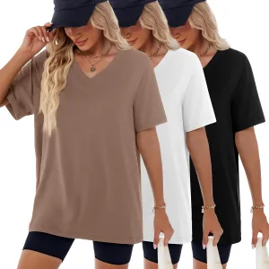 Huukeay 3 Pack Women's Oversized T Shirts Cotton V Neck Half Sleeve Workout Tops Summer Loose Fit Casual Baggy Basic Tee