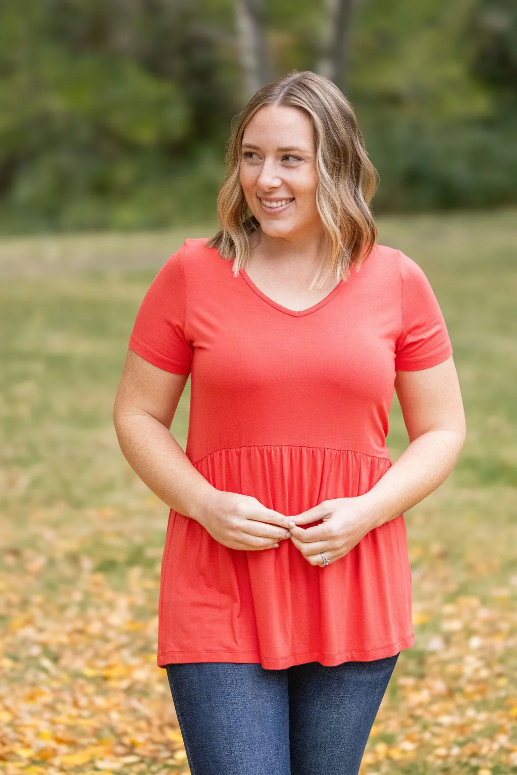 IN STOCK Sarah Ruffle Short Sleeve - Deep Coral